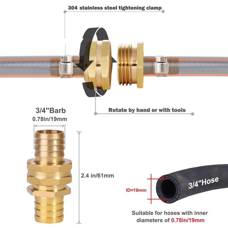 YELUN Solid Brass Garden Hose Repair Connector with Clamps Hose End Repair Kit,Fit for 3/4"Garden Hose Fitting,Male and Female Hose Fittings(3/4"-3 Set) - Image 2